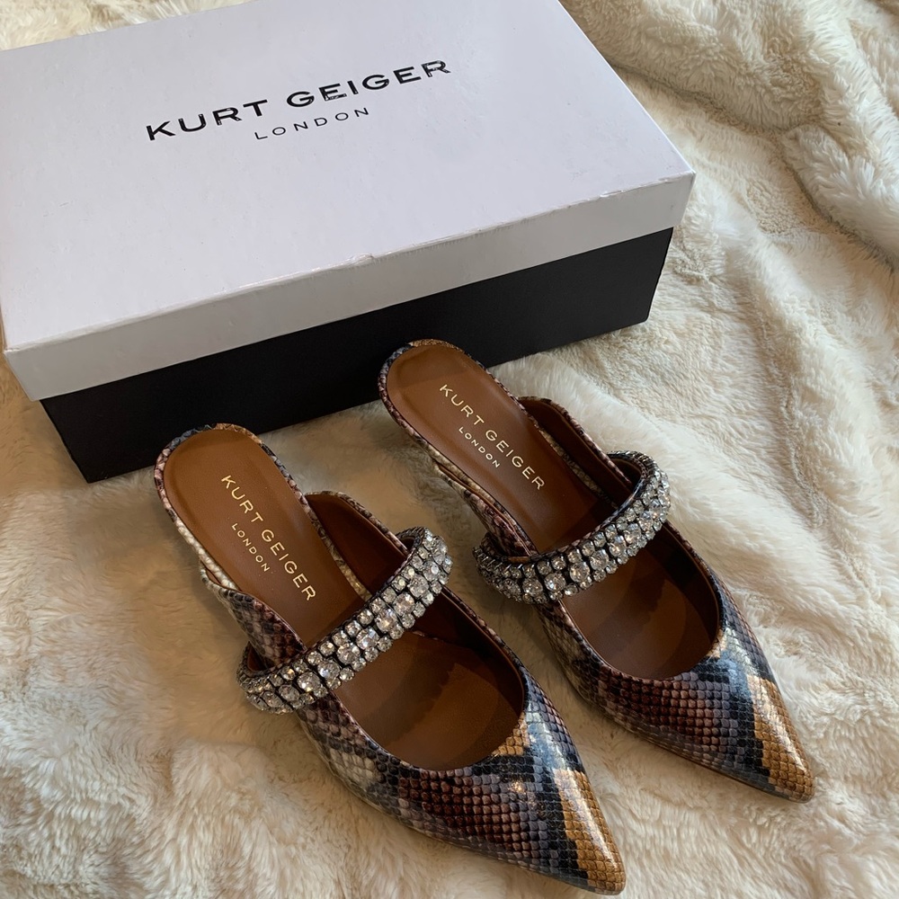 Kurt Geiger Snakeskin Pointed Toe Mules with Crystal Strap - Brown Multi